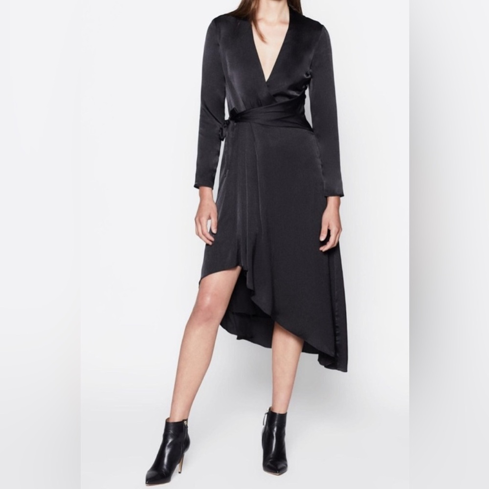 Equipment NWT Adisa Womens Satin V-Neck Wrap Dress Black Asymmetrical Hem Size 2